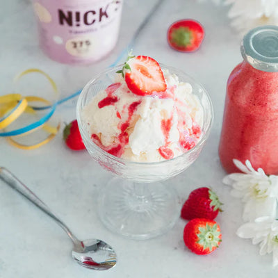 Healthy Vanilla Ice cream with Strawberry sauce no added sugar.