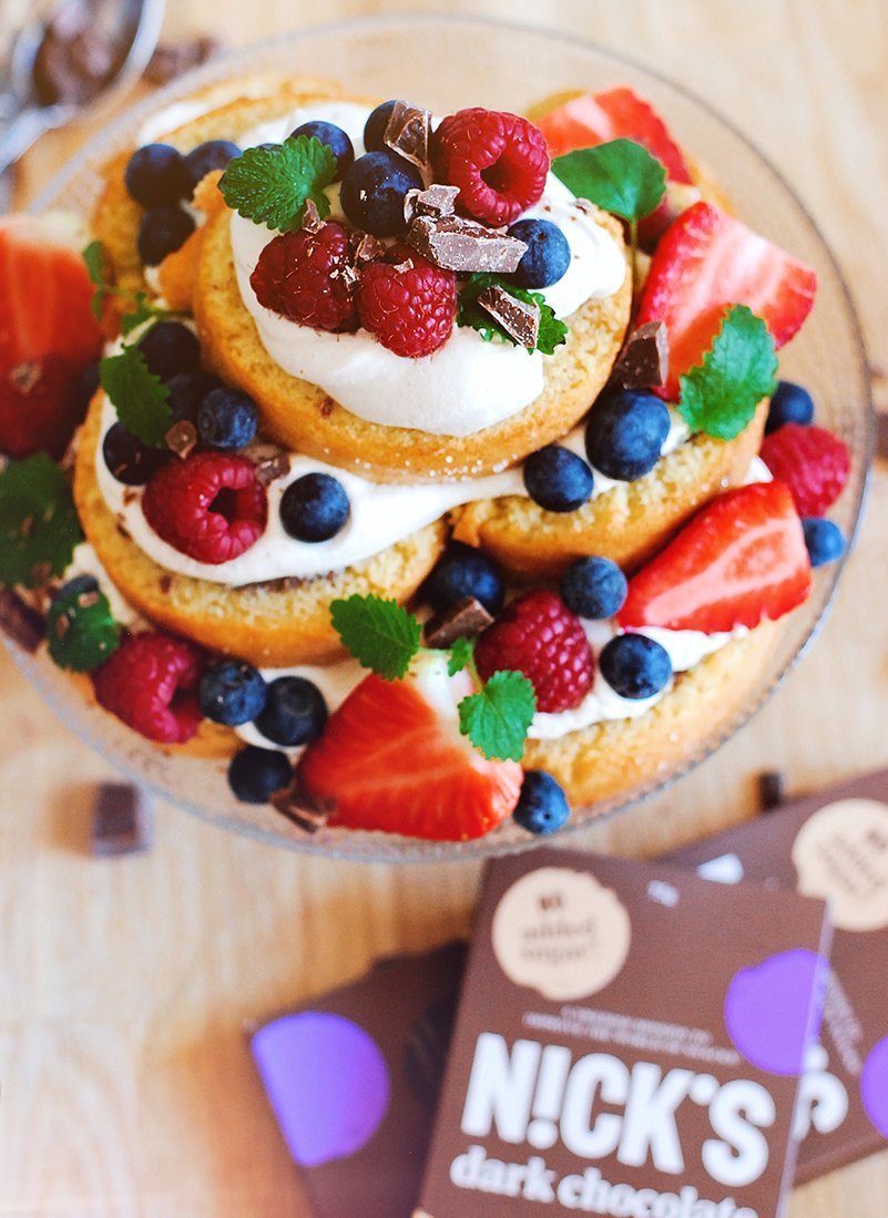 Soft roll cake with chocolate filling no added sugar.