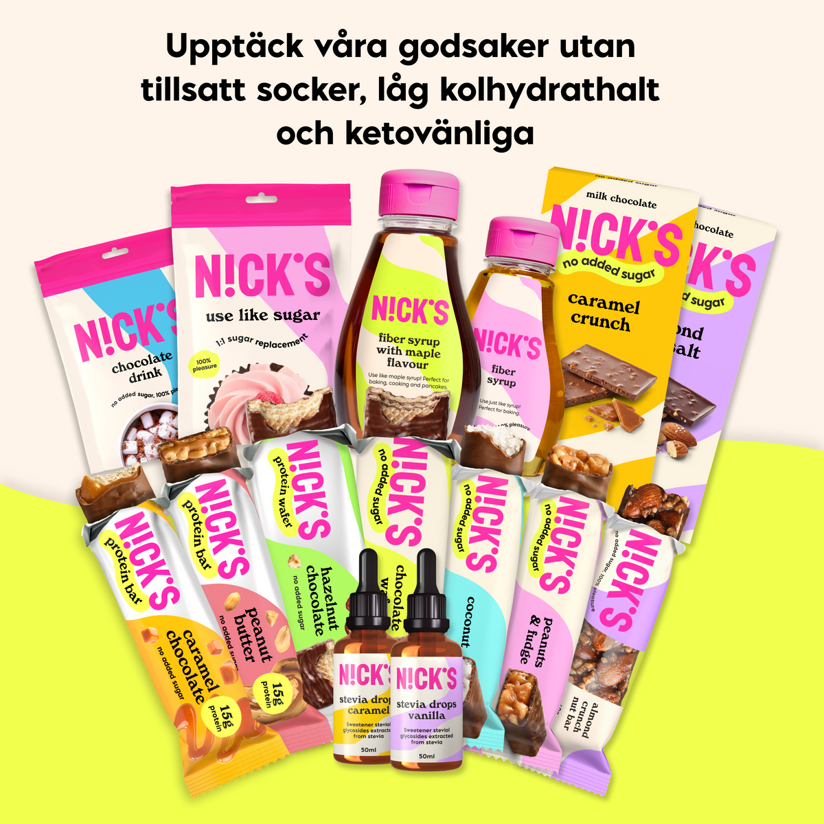 N!CK’S product range featuring protein bars, protein wafers, chocolate, syrups and sugar-free products