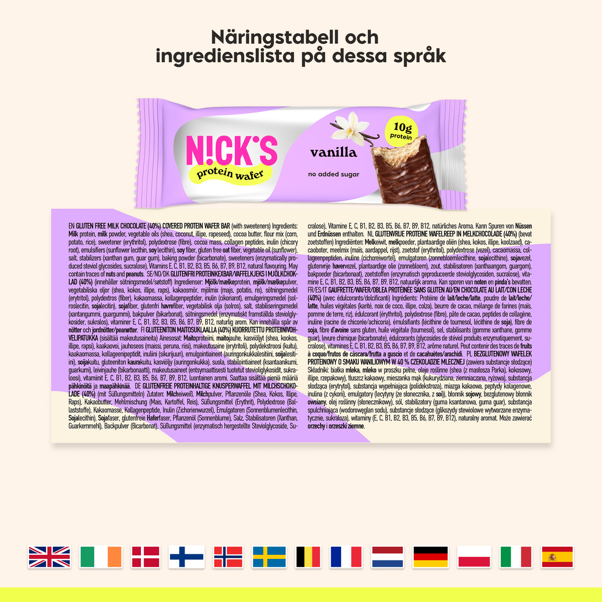 N!CK’S Vanilla Protein Wafer 9-pack with ingredient and nutrition information in multiple languages