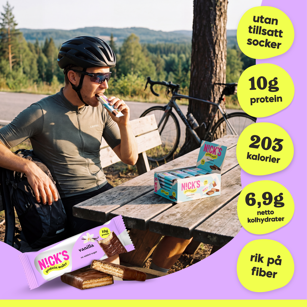 Person enjoying a N!CK’S Vanilla Protein Wafer during a cycling break outdoors