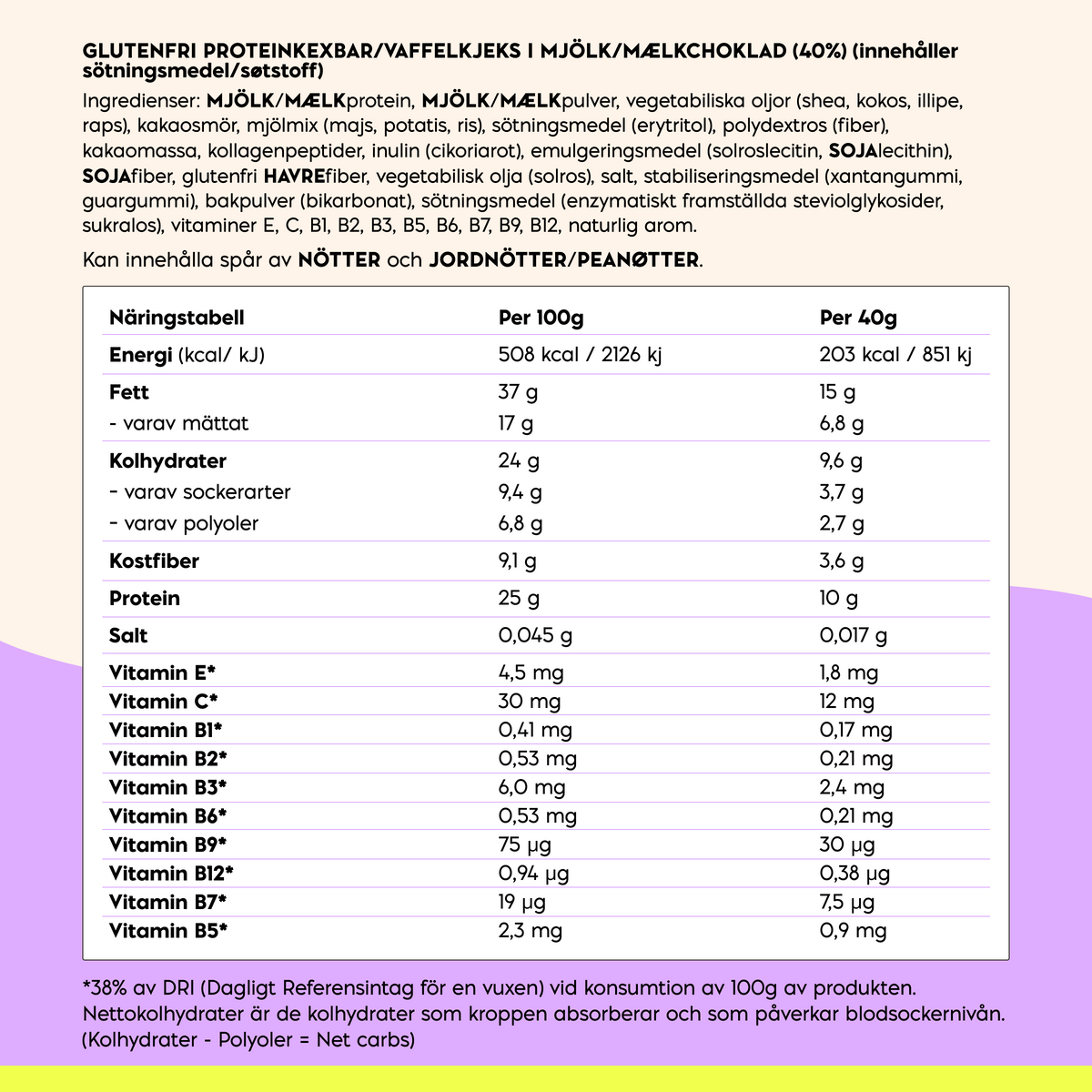 N!CK’S Vanilla Protein Wafer nutrition facts showing calories, protein, carbohydrates, fiber, fat and vitamins