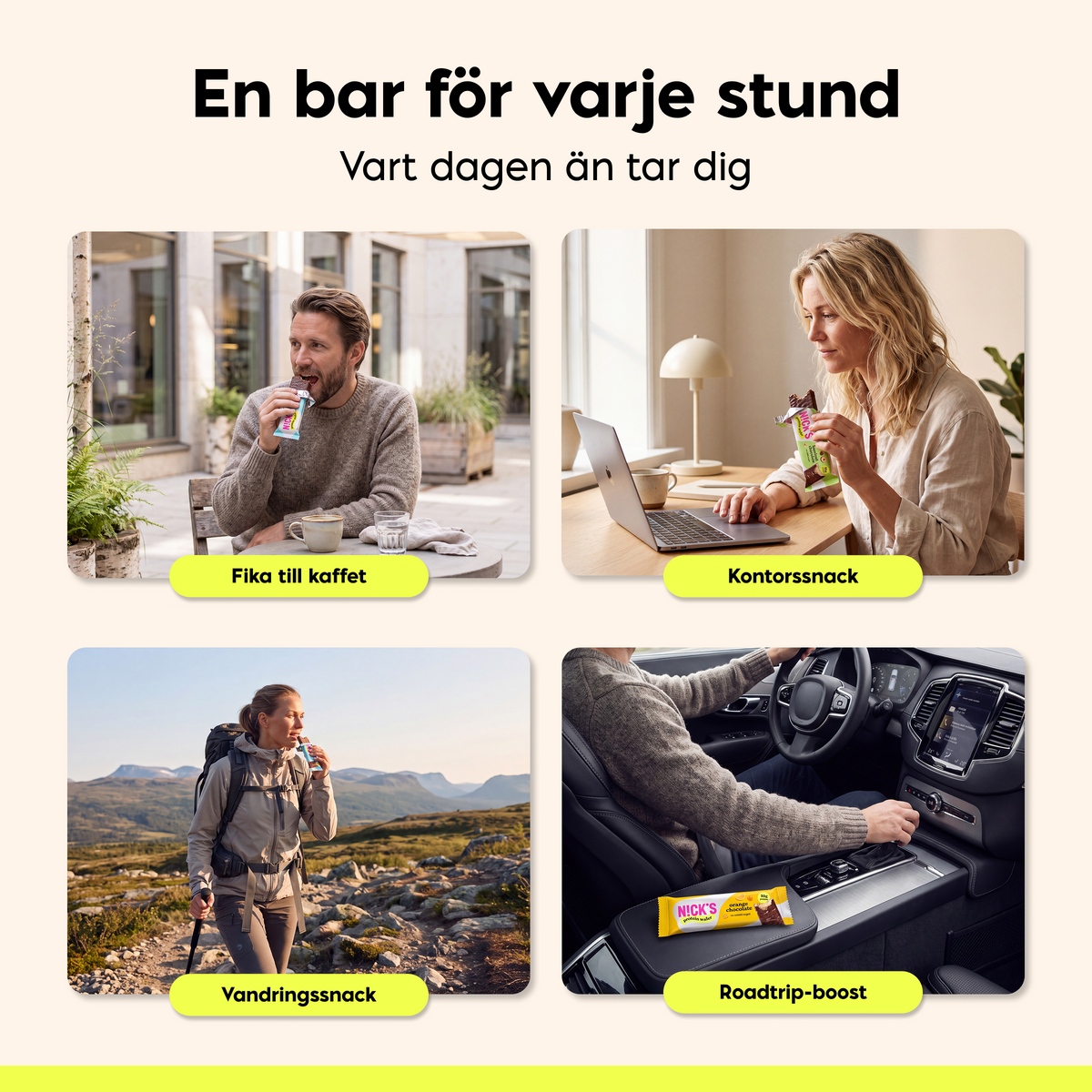 N!CK’S protein bars and wafers enjoyed as snacks for coffee breaks, the office, hiking and road trips